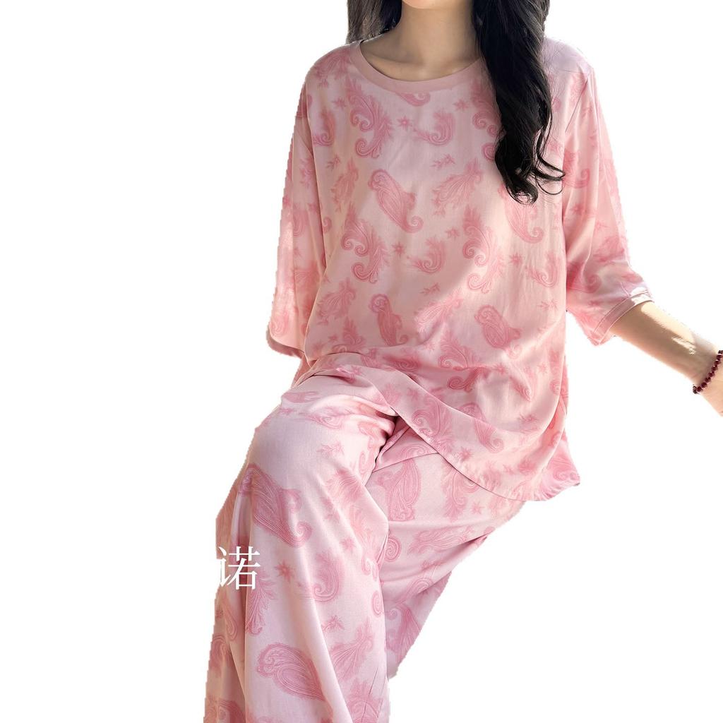 Pink cotton and silk pajamas women's spring and summer medium-sleeved trousers loungewear sweet girl cotton and silk suit can be worn outside