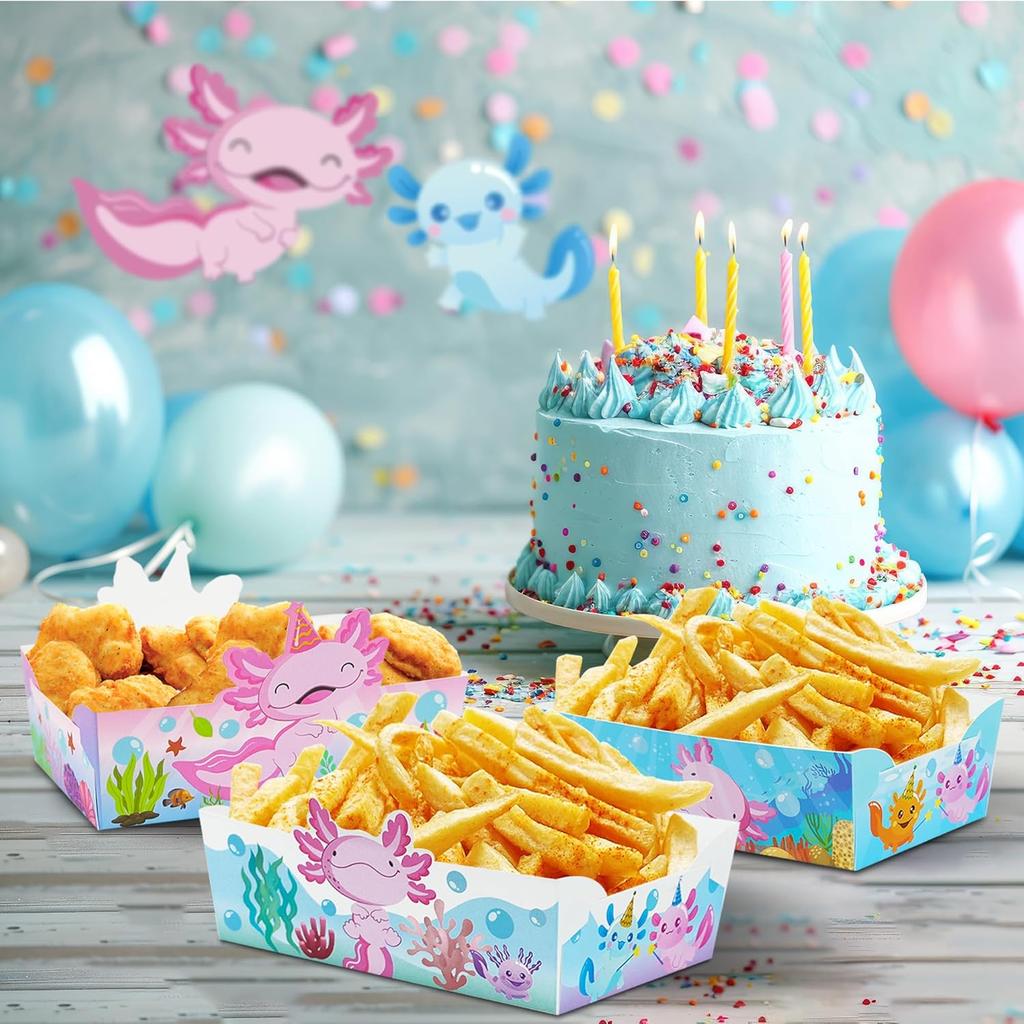 GLURUITE 24 Pcs Axolotl Party Paper Food Trays Disposable Axolotl Shaped Serving Boat Snack Bowls for Baby Shower Birthday Party Supplies Favors