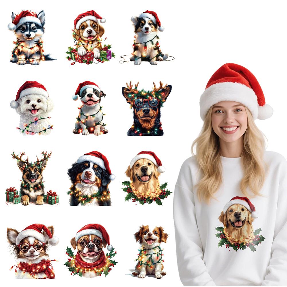 12Pcs 12 Styles Christmas Theme Plastic Heat Transfer Film Logo Stickers Set for DIY T-Shirt Dog 220x144~223mm 1pc/style
