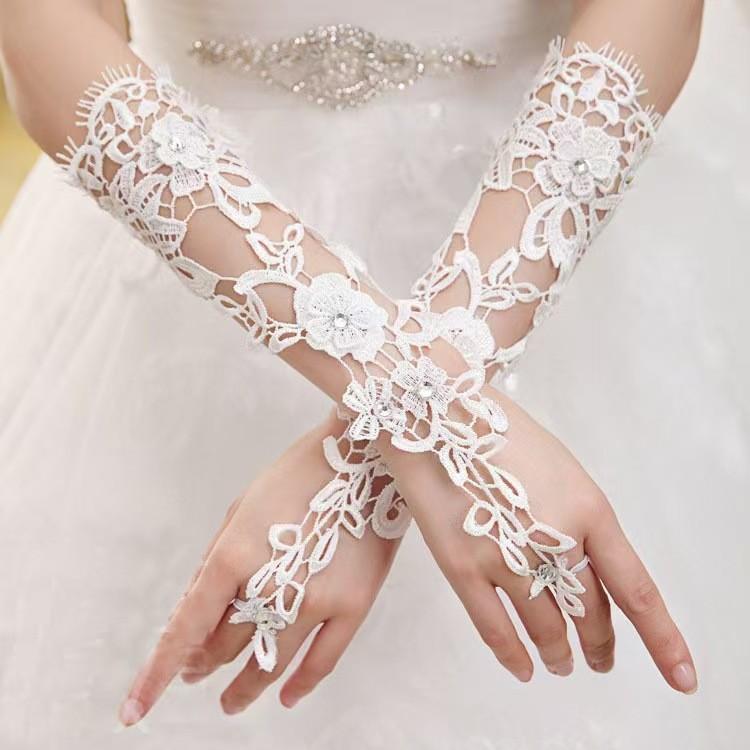 Bridal Princess Flower Rhinestone Wedding Accessories Korean Style Fingerless Long Lace Wedding Gloves for Brides