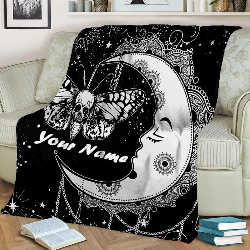 1PC Custom Name Moonlit Butterfly Dreams flannel blanket versatile, all-season throw suitable for the living room, bedroom, camping, travel, and gift