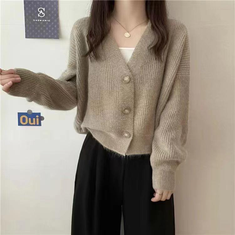Women's V-Neck Knit Cardigan - Korean Style, Loose Fit, Long Sleeve, Autumn/Winter 2026 Trendy Sweater.