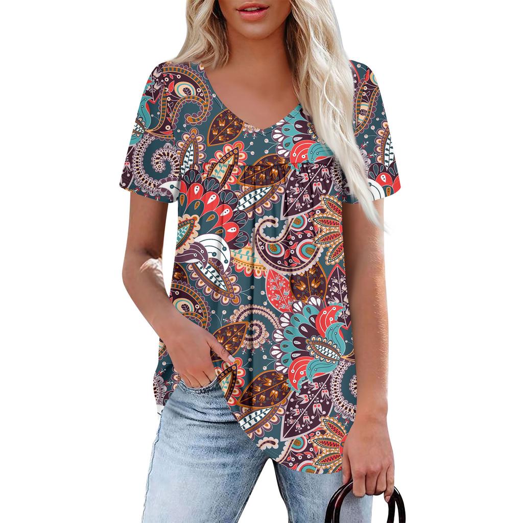Women's Casual V-Neck Short Sleeve Chest Ruffle Printed Top