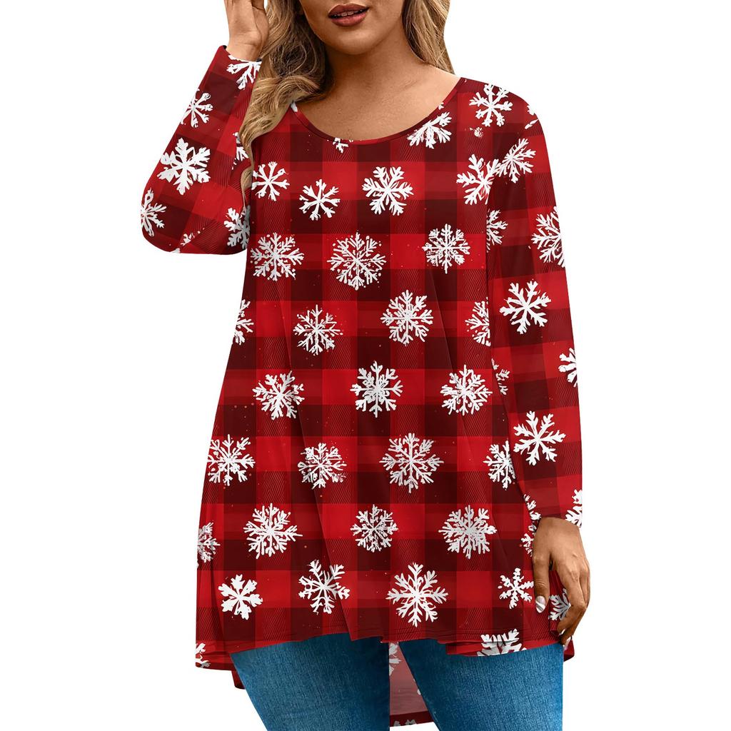 Women's Fashion Large Size Round Neck Long Sleeve Casual Christmas Print Loose Pullover Top