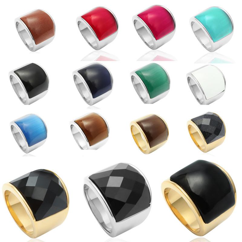 Ювелирное кольцо из нержавеющей стали с разноцветными драгоценными камнями, кольцо с черным агатом для мужчин и женщин, кольцо из титановой стали с разноцветными крупными драгоценными камнями