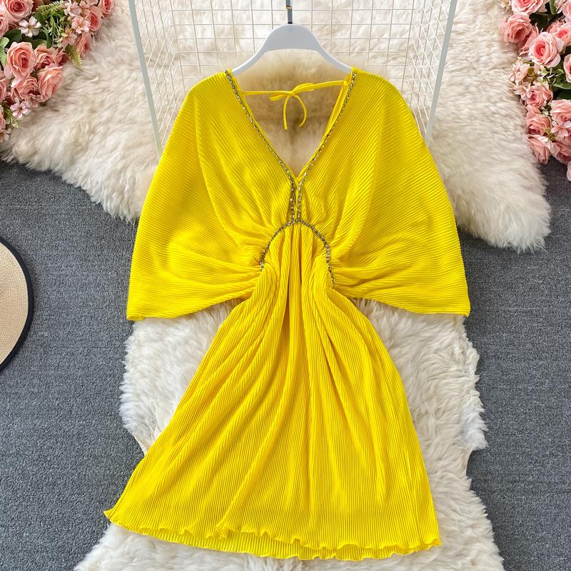 Высококачественное сексуальное темпераментное свободное плиссированное платье с v-образным вырезом и открытой спиной на талии и рукавами «летучая мышь»