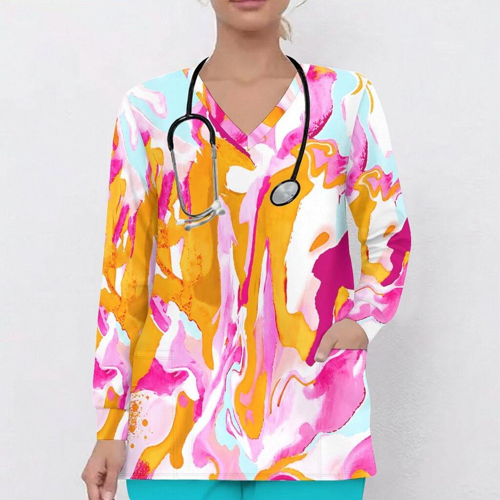 Women Plus Size Striped Printed Nurse Scrub Top V Neck Long Sleeve With Front Pockets