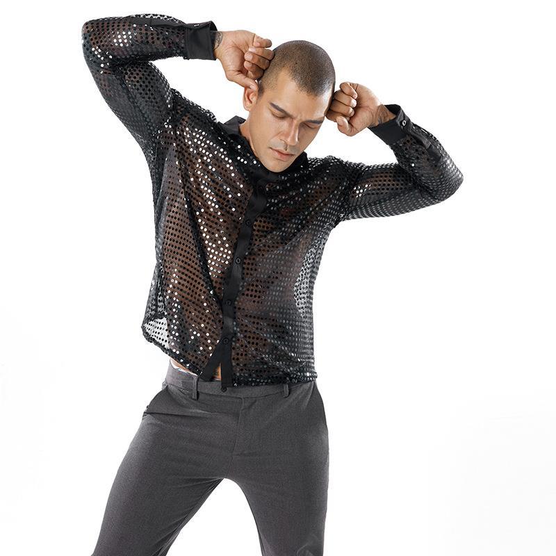 Летняя мужская одежда для выступлений с длинным рукавом, полосатые рубашки, пуговицы и пайетки, блестящие рубашки для дискотек, ночных клубов