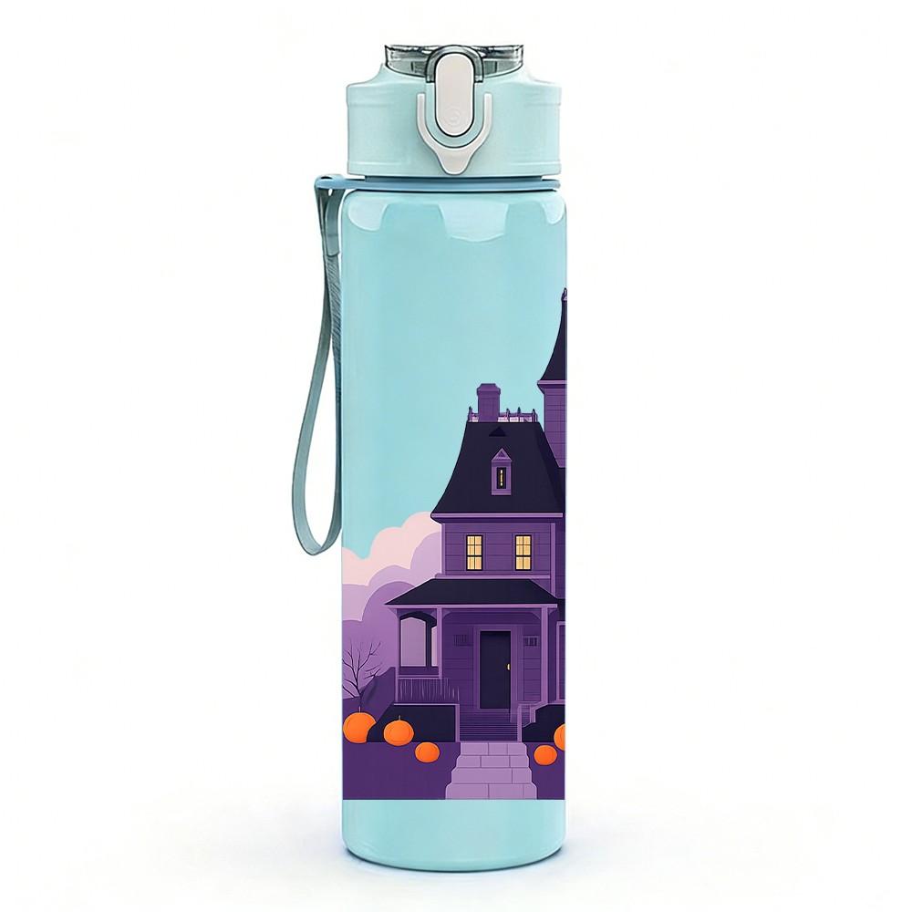 1PC Spooky Purple Castle House Print 750ml Color Plastic Sports Water Bottle Leakproof Flip Straw Lid Suitable for Sports Office Home Use