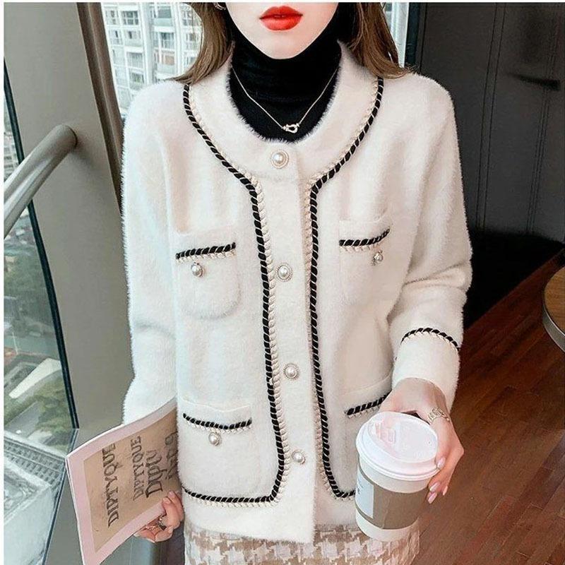 Зимняя элегантная подиумная непромокаемая норковая женская куртка, мягкие теплые офисные женские винтажные вязаные кардиганы, корейские однотонные пальто