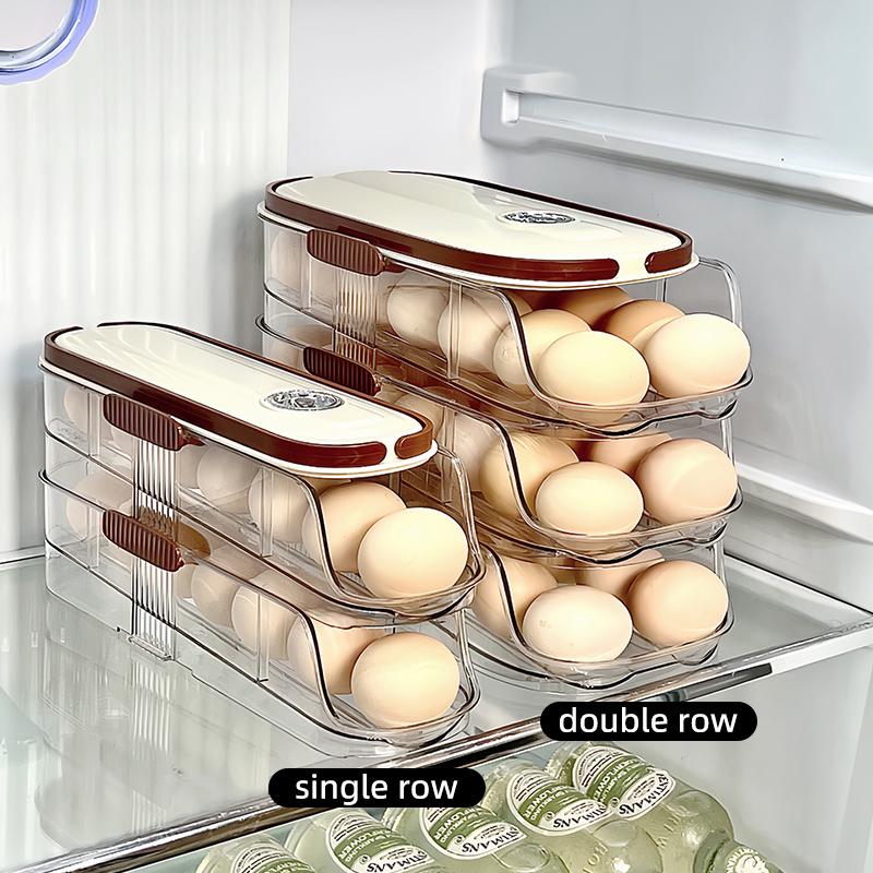 Large Egg Holder for Fridge Automatic Rolling Egg Organizer Clear Plastic Egg Container Stackable Egg Dispenser and Storage Bin