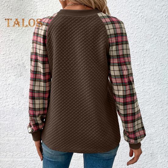 Женская толстовка осень-весна с принтом в клетку, с круглым вырезом, свободная, с длинными рукавами, с ромбовидной текстурой, повседневная одежда, спортивный топ