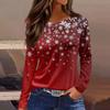 Women's Fashion Casual Slit Hem Round Neck Long Sleeve Loose Christmas Printed T-Shirt Ladies Top