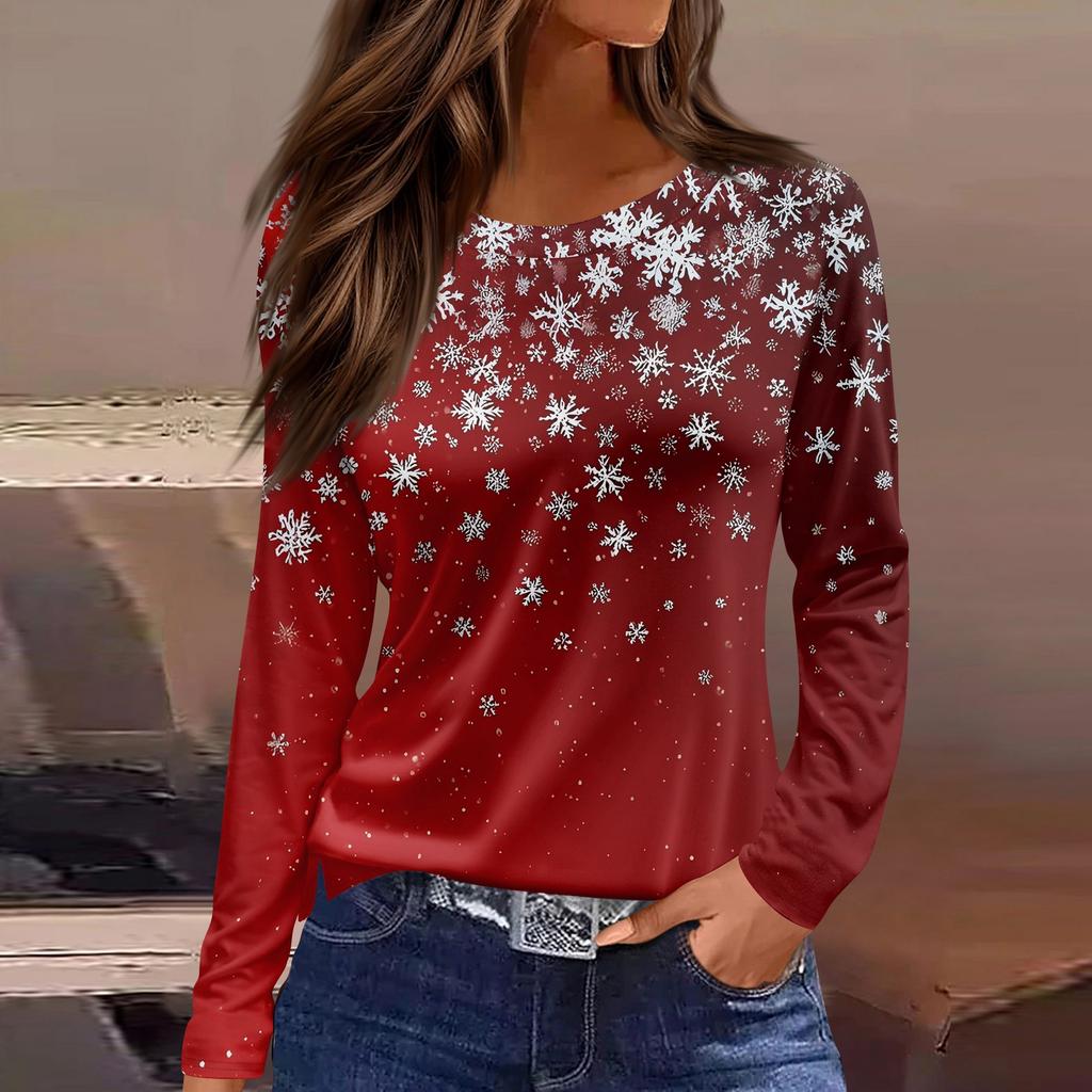 Women's Fashion Casual Slit Hem Round Neck Long Sleeve Loose Christmas Printed T-Shirt Ladies Top