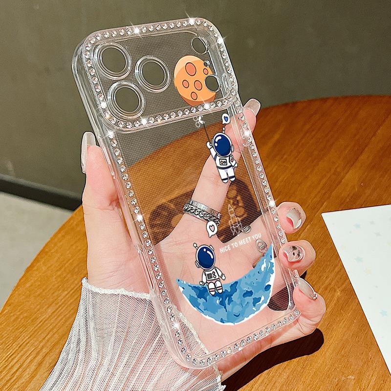 Милый чехол с принтом космонавта и блестящими бриллиантами для iPhone 17 Air 16e 16 14 15 13 17 Pro Max 15 16 Plus 17 Мягкий силиконовый чехол для телефона