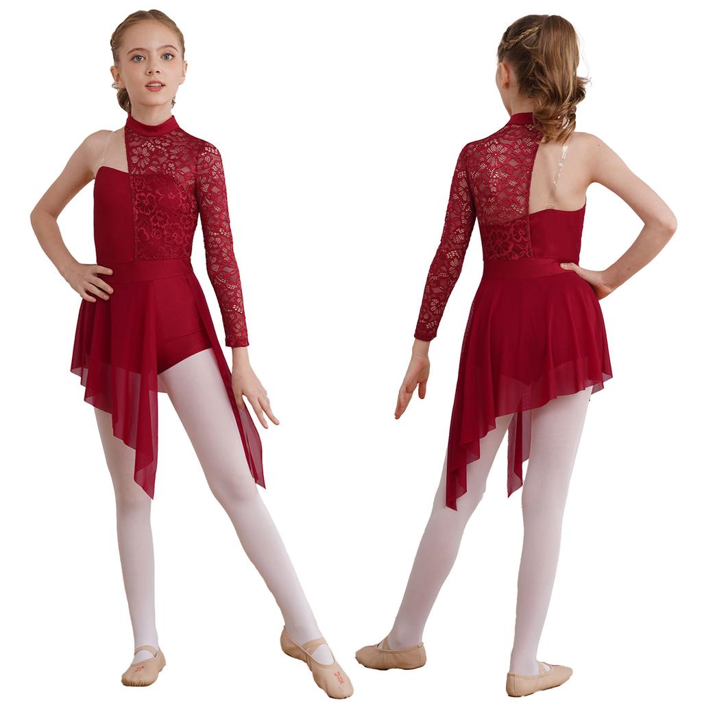 Girls Lyrical Dance Dress Half Floral Lace Bodice Asymmetrical Hem Boyshorts One Piece Jumpsuit for Dance Performance