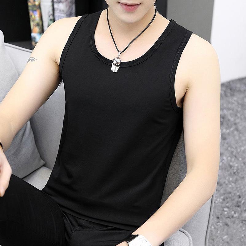 Мужская облегающая корейская спортивная безрукавка - дышащая, повседневная, однотонная рубашка с круглым вырезом