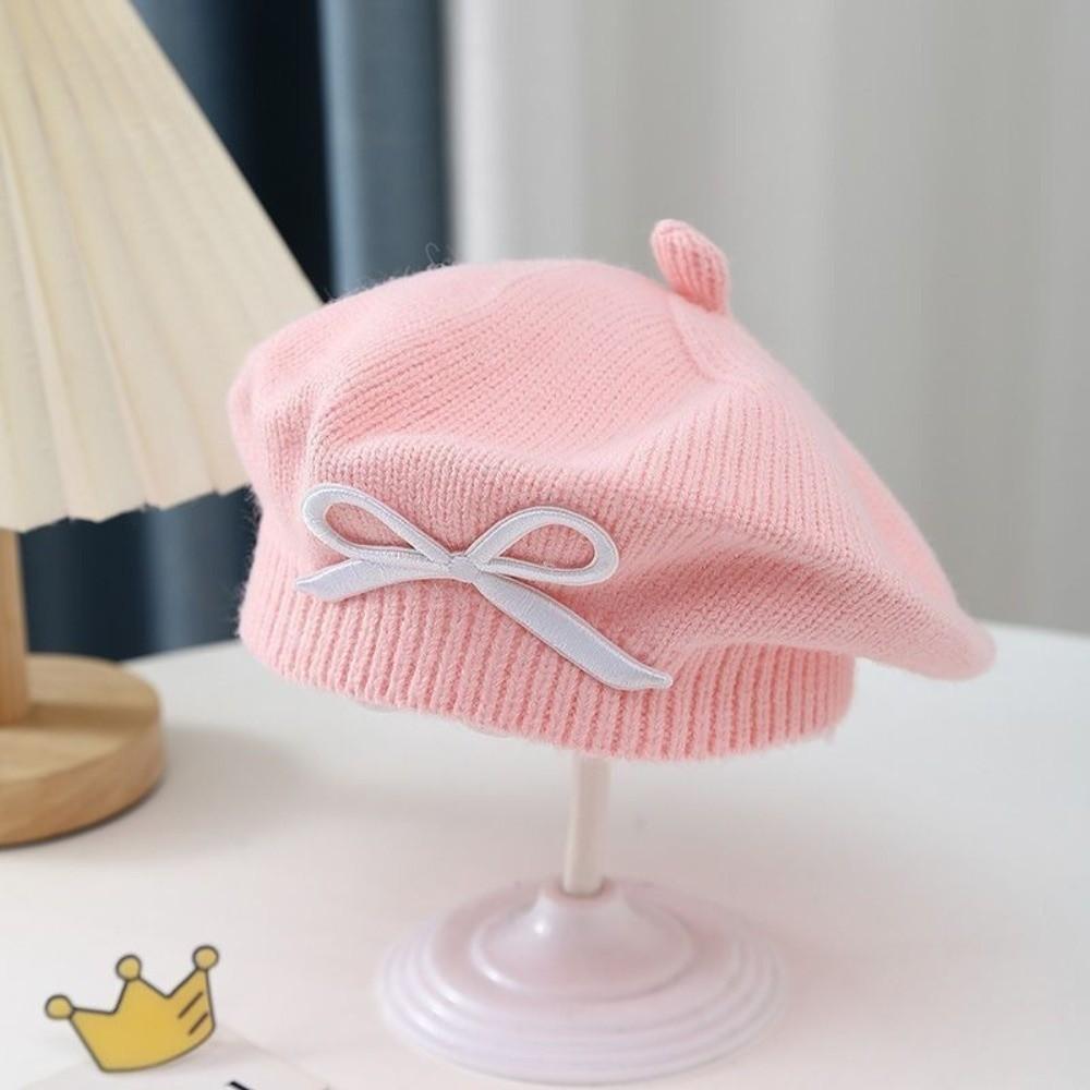 Elastic Bow Embroidery Painter Hat Warm Beanie Cap Daily Wear Children Knitted Beret Gift
