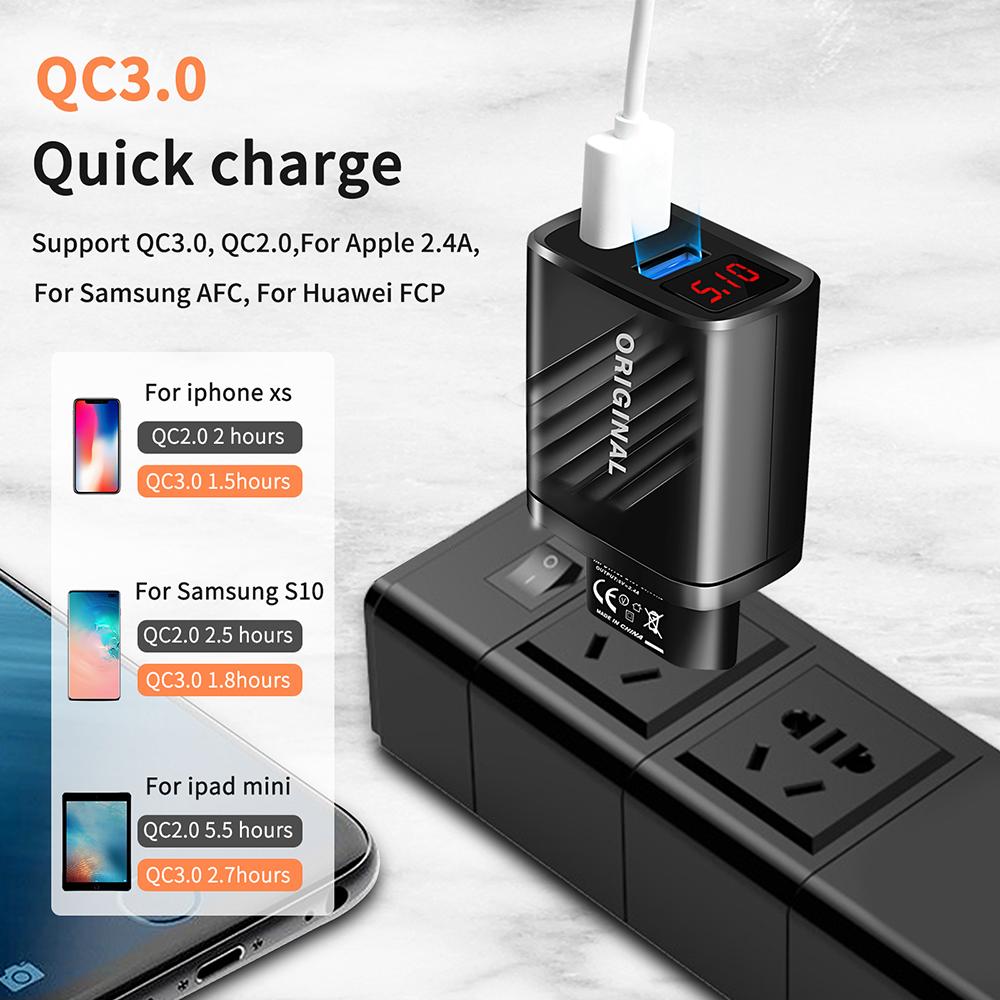 18 Вт Двойное USB Зарядное Устройство Быстрая Зарядка 3.0 2.4A Цифровой Дисплей Быстрая Зарядка для iPhone Samsung Xiaomi Портативный Телефон Зарядное Устройство Адаптер