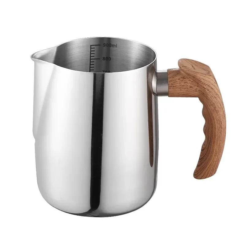 Coffee Milk Frothing Pitcher Jug 304 Stainless Steel with Scale Wooden Handle Eagle Spout Latte Coffee Kitchen Cafe Accessories