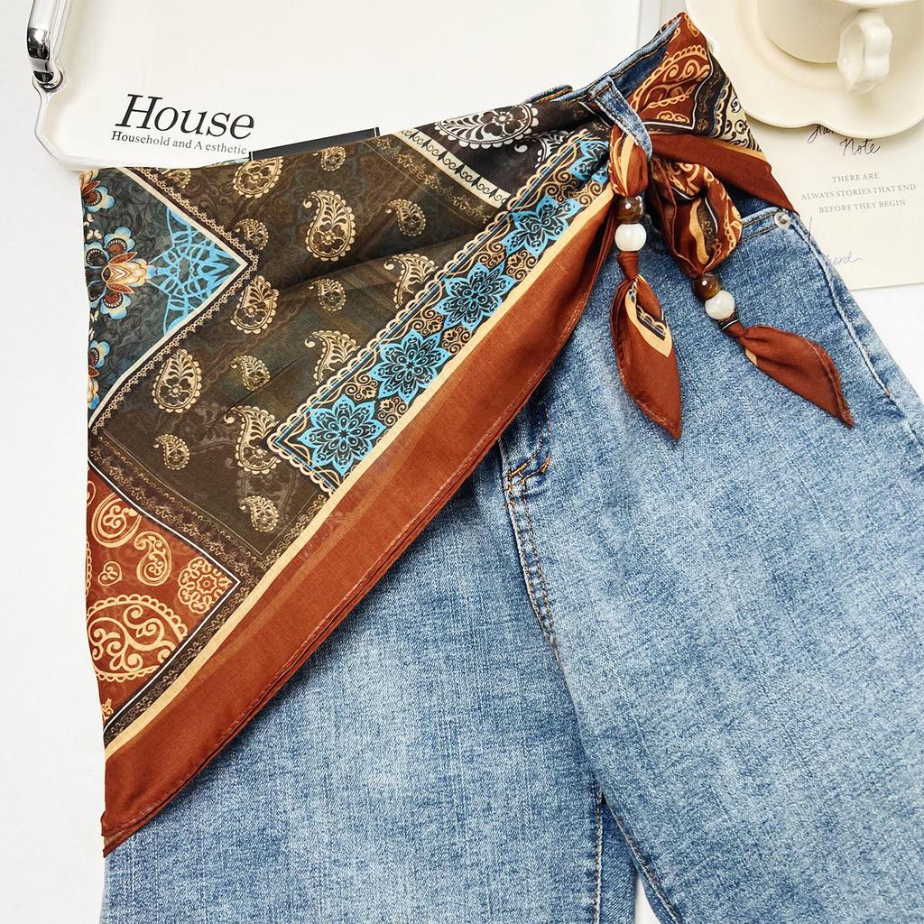 Ретро Этнический Многослойный Треугольный Шелковый Шарф: Универсальный пояс, головной платок и аксессуар для талии