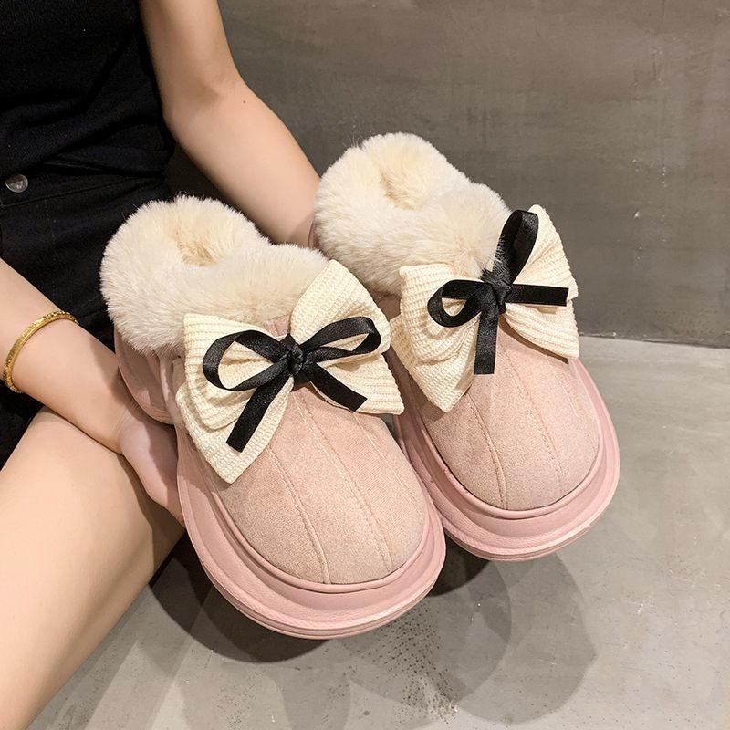 Cute Bow-tied Fluffy Slippers Women's Autumn and Winter New Fashionable Versatile Warm Piled Cotton Slippers