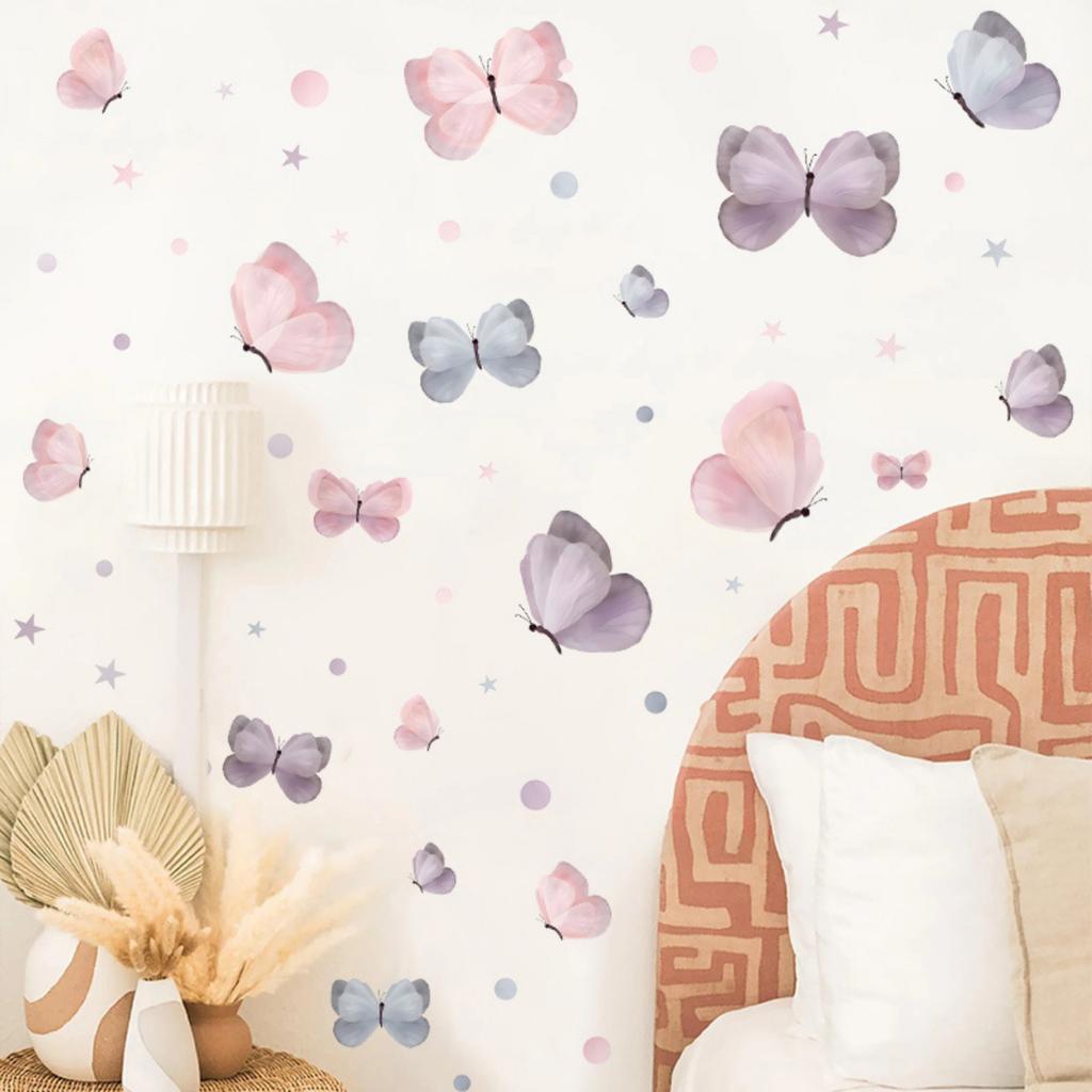 Boho Watercolor Butterfly Wall Decals with Stars and Polka Dots for Girls Bedroom, Self-Adhesive Stickers