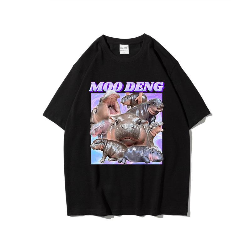 Забавный принт Moo Deng Bouncing Pig повседневные футболки трендовый свободный хлопковый топ с короткими рукавами и круглым вырезом