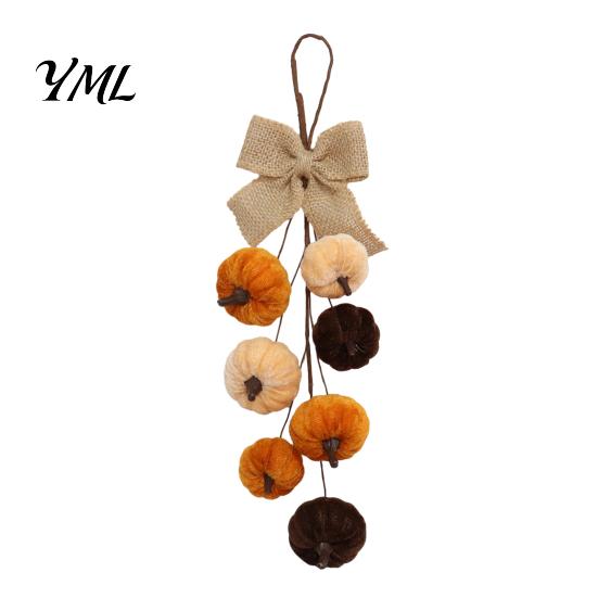 Decorative Wreath for Wedding Thanksgiving Pumpkin Wreath, Artificial Velvet Ornament, Fall Harvest Hanging Teardrop Floral Swag with Burlap Bow Front