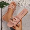 Women's New Fashion Slippers, Classic Temperament, Versatile Solid Color, Metal Decoration Square Head Flat Sandals