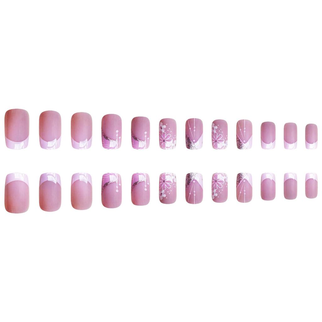 24 шт. накладных ногтей Press On Nails розового цвета, короткие, квадратные, готовые, с белой пудрой, блестящие, с цветочным узором в горошек, накладные ногти