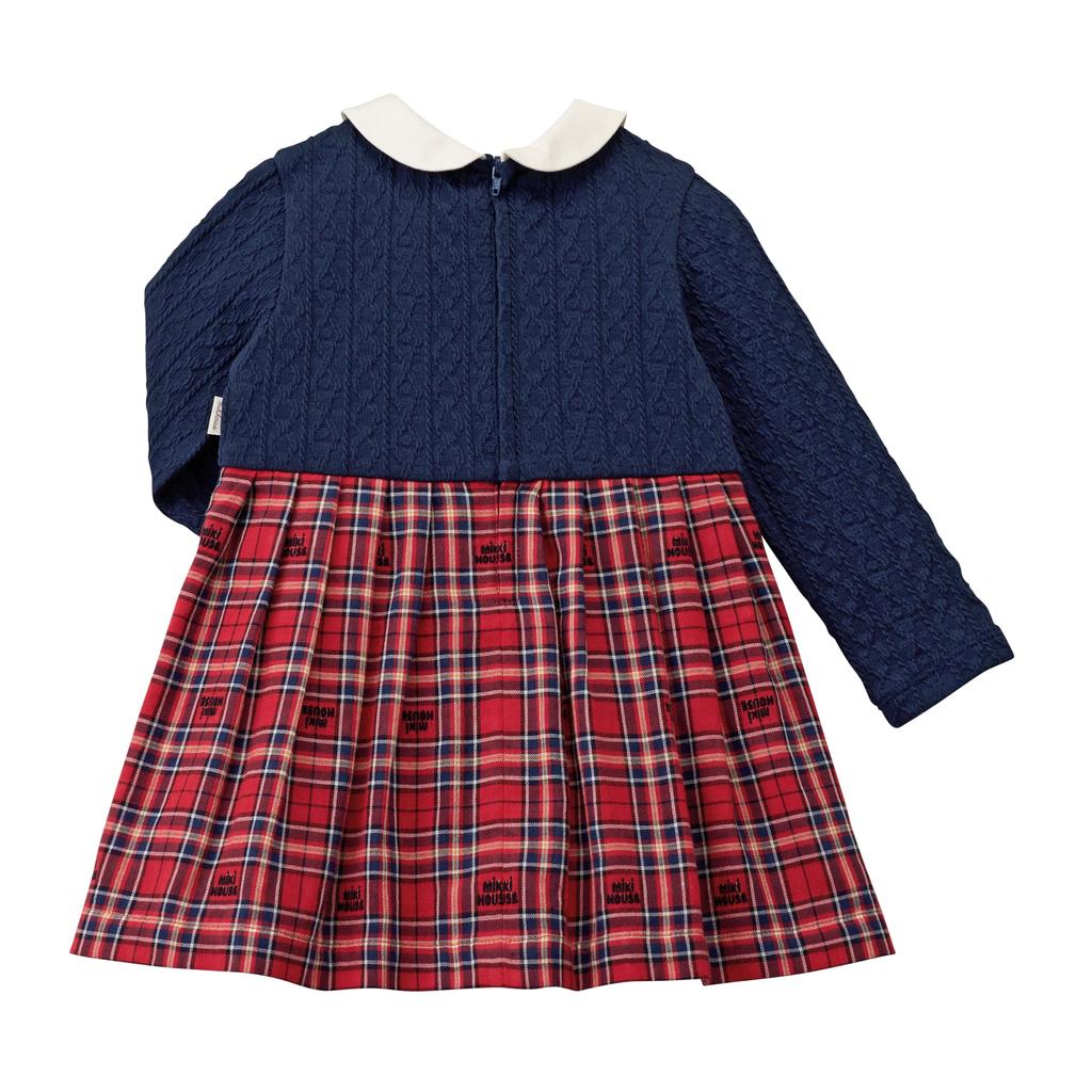Длинное клетчатое темно-синее платье [Miki House], с рукавами, с воротником, с медведем, с узором, для девочек, для малышей, для детей, детская одежда, 13-1901-571, 100см,