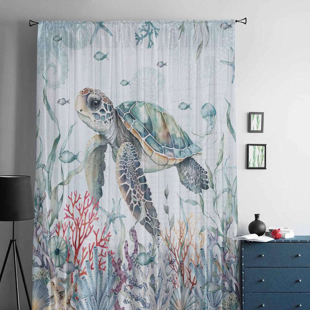 Летние Океан Коралловая Морская Звезда Морская Черепаха Тюлевые Оконные Шторы для Спальни Роскошный Домашний Декор Драпировки в Гостиной Шифоновые Панели