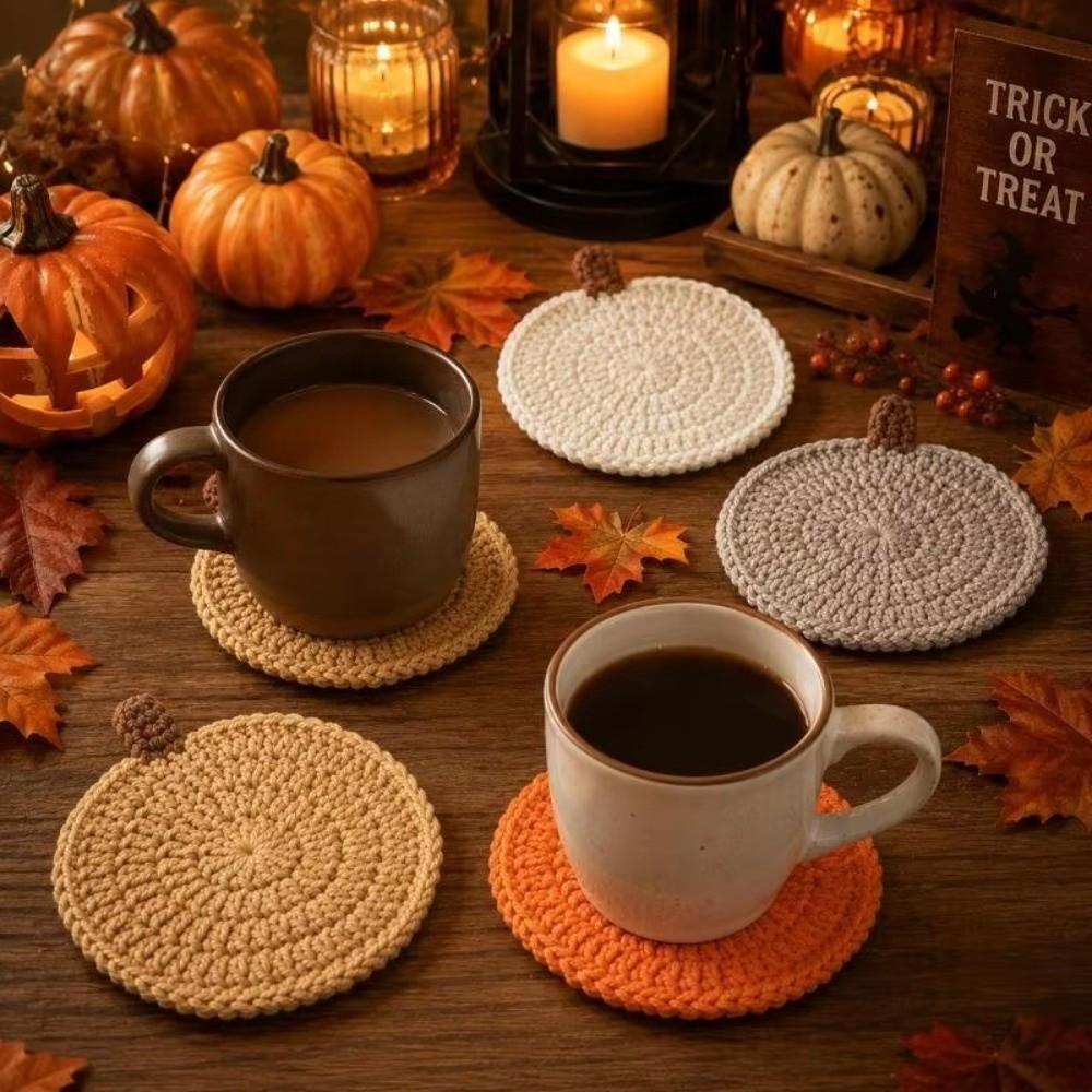 Halloween Knit Cup Mats Crochet Coffee Mugs Mats Creative Pumpkin Coasters Fall Table Decor