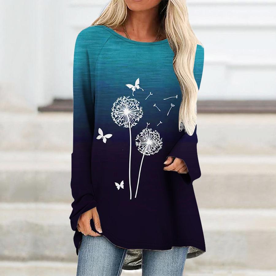 Новые футболки с длинными рукавами и 3D принтом «Одуванчик и бабочка», женская модная футболка большого размера с цветочным принтом, уличная одежда, футболки для девочек, топы