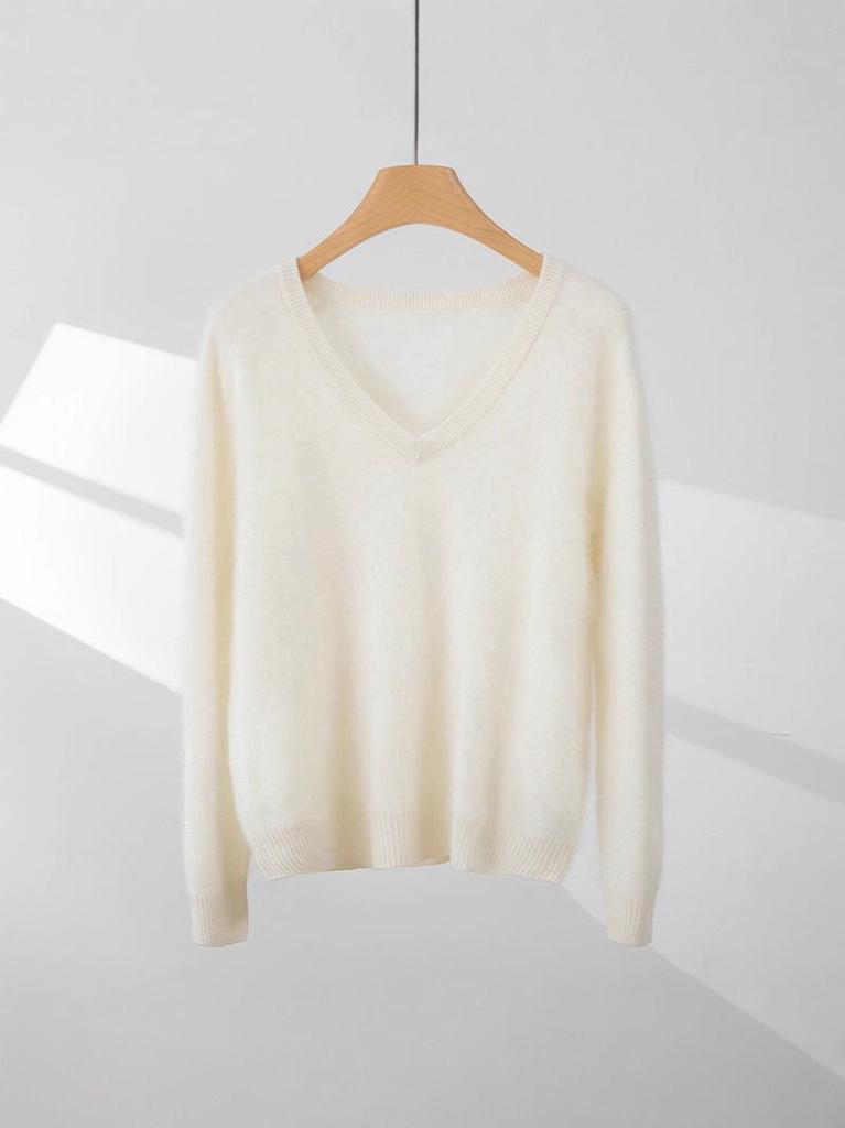 Women's Cashmere V-Neck Pullover, Loose Brushed Knit, Autumn/Winter 2025, All-Color Base Layer Sweater