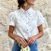 High Street пышная кружевная блузка с коротким рукавом, офисная модная Полая рубашка, футболка, женский однотонный жаккардовый пуловер с круглым вырезом