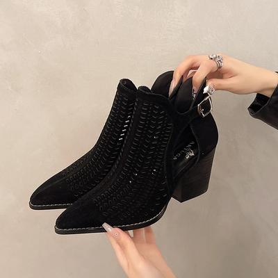 Черные сетчатые ботинки с вырезами, короткие ботинки для женщин, лето 2025, новые крутые дышащие сандалии, остроносые, в западном стиле, джинсовые ботинки на платформе