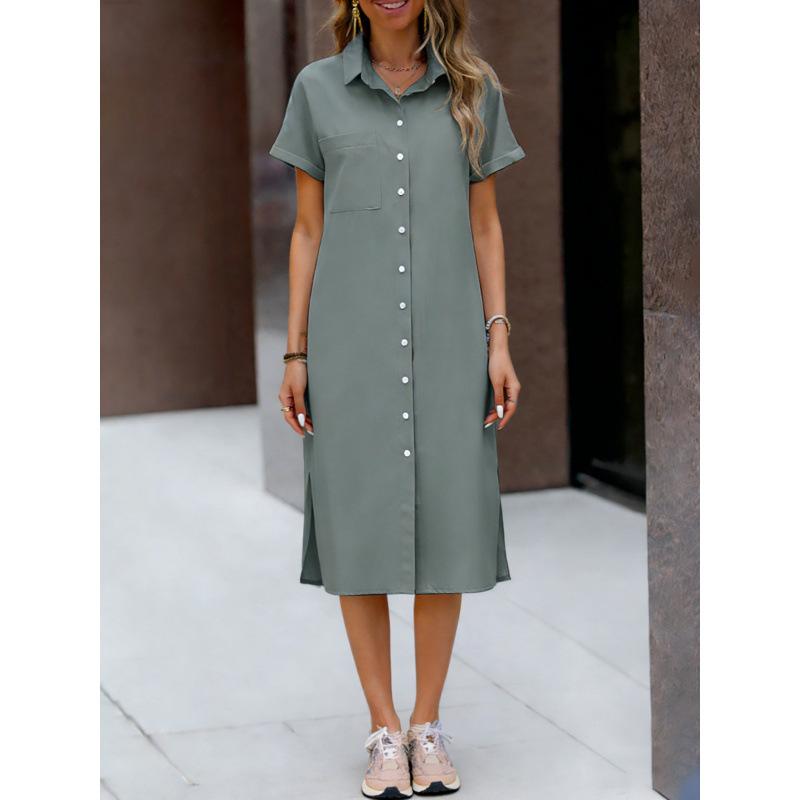 Spring new temperament commuter short-sleeved lapel shirt dress European and American comfortable and casual medium and long styles