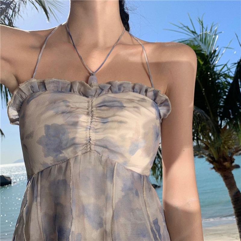 Женские летние свободные платья с цветочным принтом, висящей шеей, талией, открытой спиной, без рукавов, большие качели