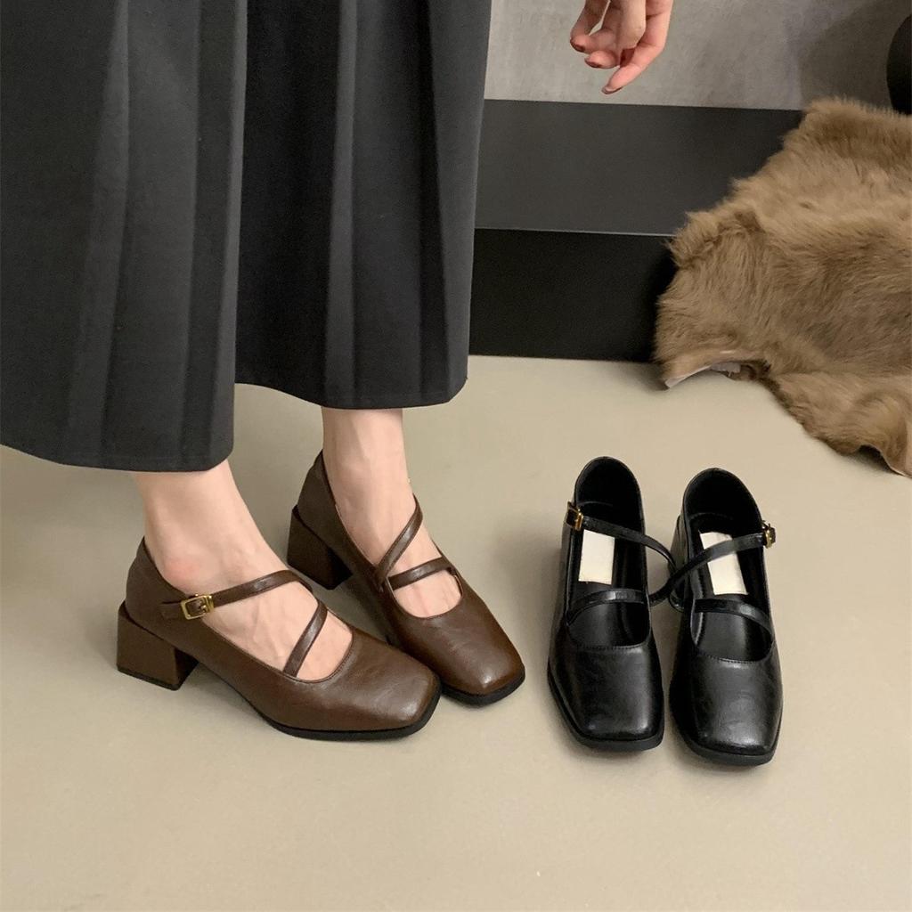 Thick Heel Mary Jane Small Leather Shoes Women's British Spring and Autumn New Light Mouth Single Shoes Women's French Retro Square Head High Heel Sho