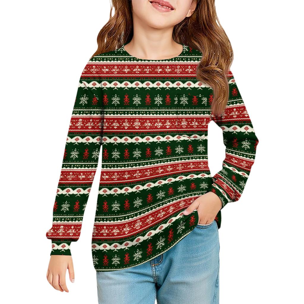 Christmas Day Girls' Long Sleeve Blouse - Round Neck Soft Waist Tunic