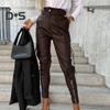 Женские брюки из гладкой искусственной кожи с декором на молнии, облегающие брюки с высокой талией, застежкой-молнией и пуговицами, с несколькими карманами, однотонные брюки-карандаш, длинные брюки