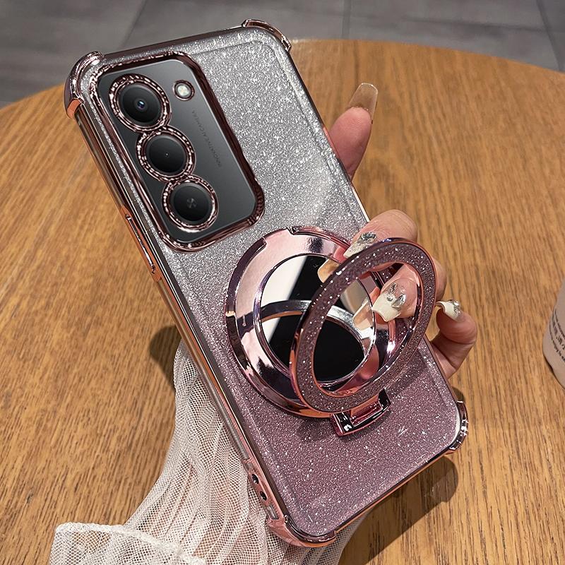 Ударопрочный чехол с блестками «Четыре угла» для Redmi 15 5G 15C 14C, силиконовый чехол с магнитным держателем-зеркалом для Redmi Note 14S 14pro +