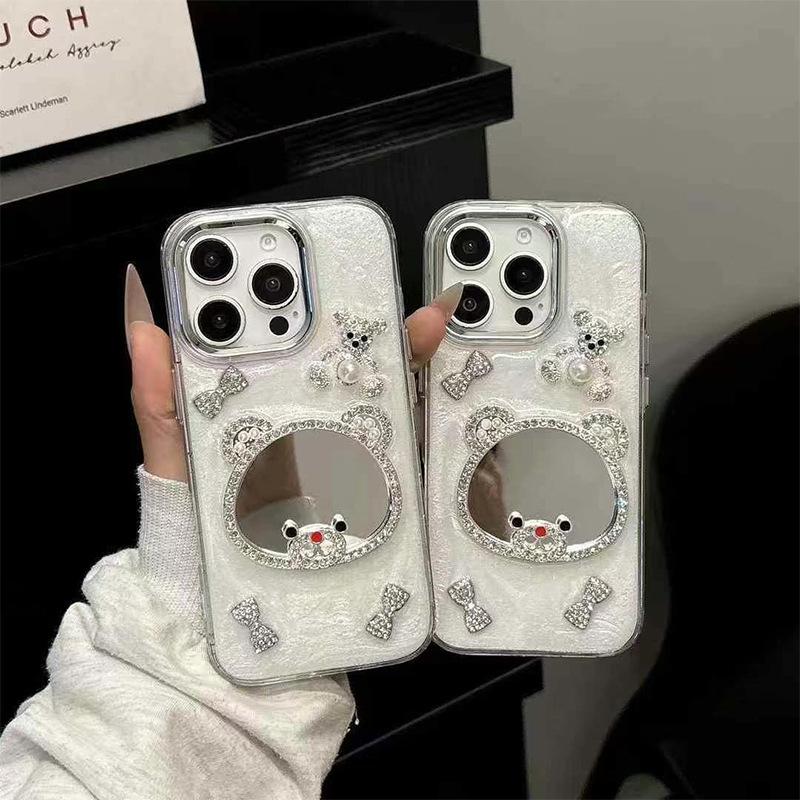 Pearl Bow Bear Mirror Phone Case for IPhone 17 Pro Dropping Glue for Apple 15 Shining Pink 14 Women's Edition