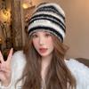 New Autumn and Winter Color Blocking Striped Hat for Women Korean Warm Keeping Pile Hat Outdoor Riding Cold Proof Knitted Cover Cold Head Hat