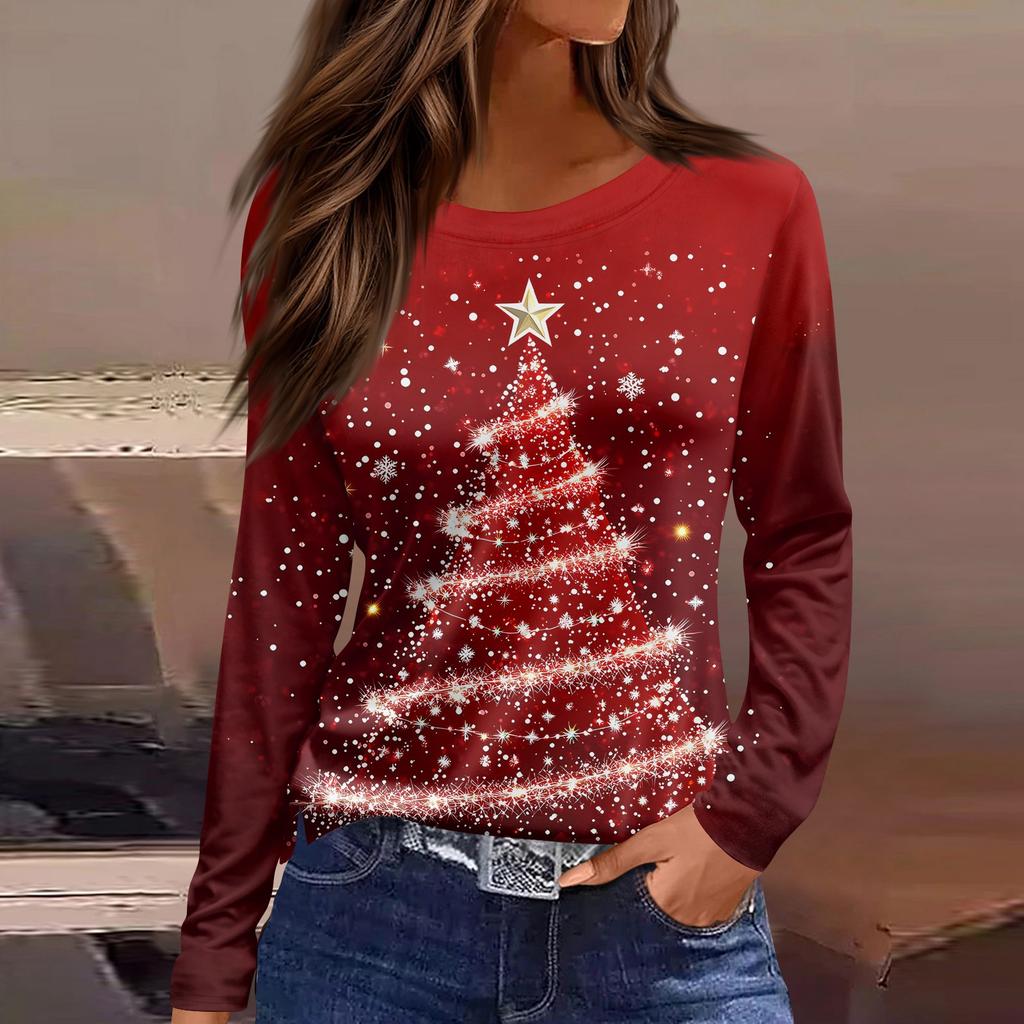 Женская модная повседневная футболка с разрезом по низу, круглым вырезом, длинными рукавами, свободного кроя, с рождественским принтом, женский топ