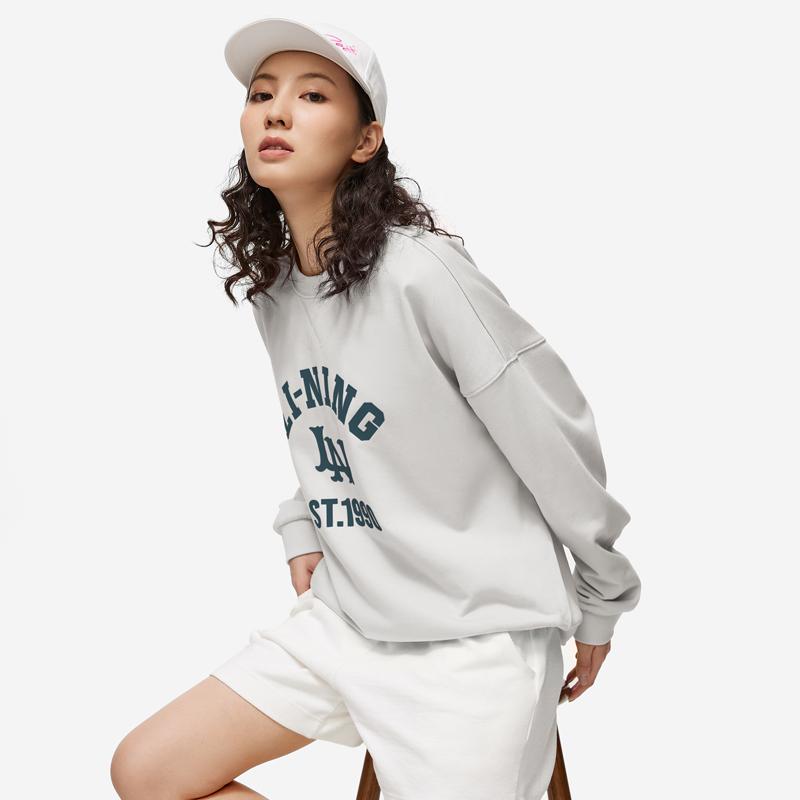 Li Ning Sports Lifestyle Series Модный круглый вырез пуловер Повседневный длинный рукав толстовка Женская толстовка Цветочно-серый Плитка-серый AWDTB46-10