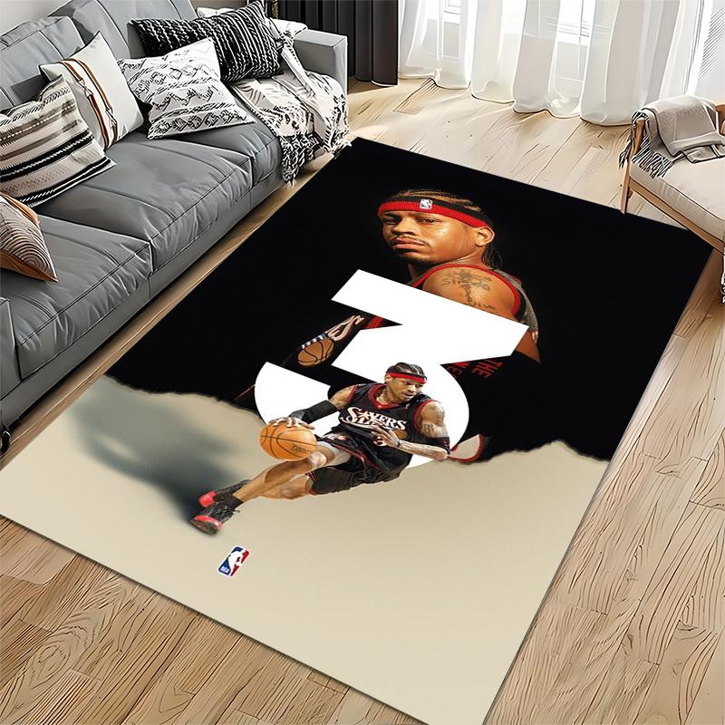 Sports Area Rug, Allen Iverson 76ers 3 Number Typography Black Poster, Fan Cave Decor, Non-Slip Mat