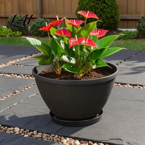 Breathable Garden Pot with Drainage Resin Flower Planters Vintage Plant Hole & Saucer Lightweight Durable Imitation Stone for Indoor Outdoor Retro